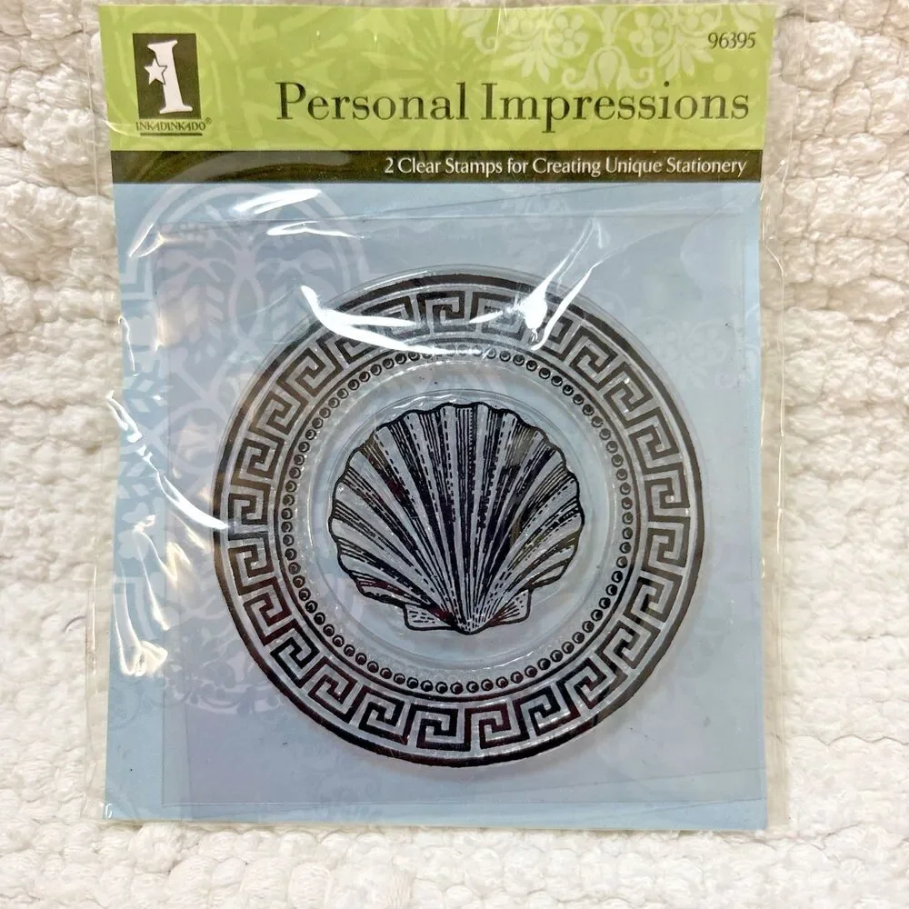 Inkadinkado 2 Clear Stamps Seashell & Greek Key Circle Personal Impressions NWOT
